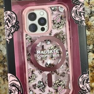 Ed Hardy Pink iPhone 16 Pro Case - Brand New McBling Skulls - MagSafe